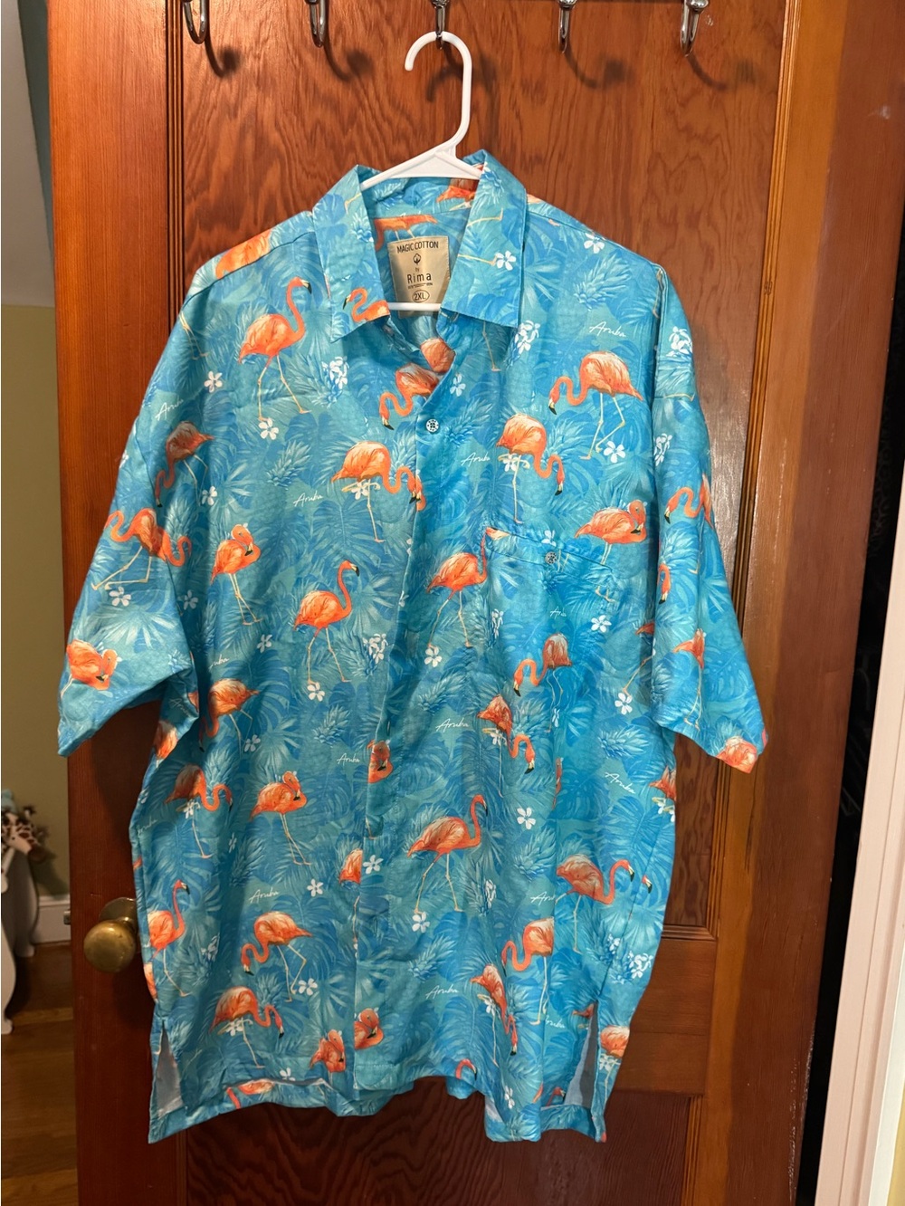 Ina Turquoise and Orange Flamingo Hawaiian Button-Up Shirt
